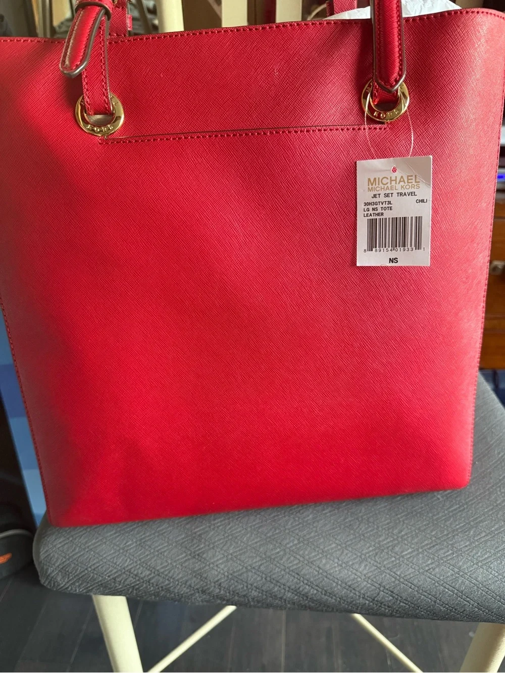 Michael Kors Red Saffiano Leather Tote with Gold MK Charm - Picture 5 of 5
